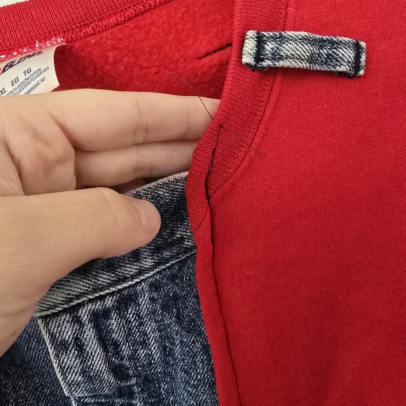 Vtg Handmade Upcycled Red Sweatshirt DENIM Hip Hop Jean Pockets XL - Picture 6 of 16